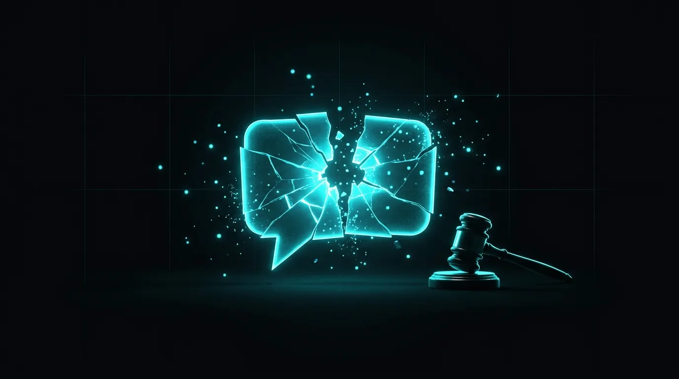 A glowing cyan chat bubble cracked in half beside a small judge's gavel, on a dark background