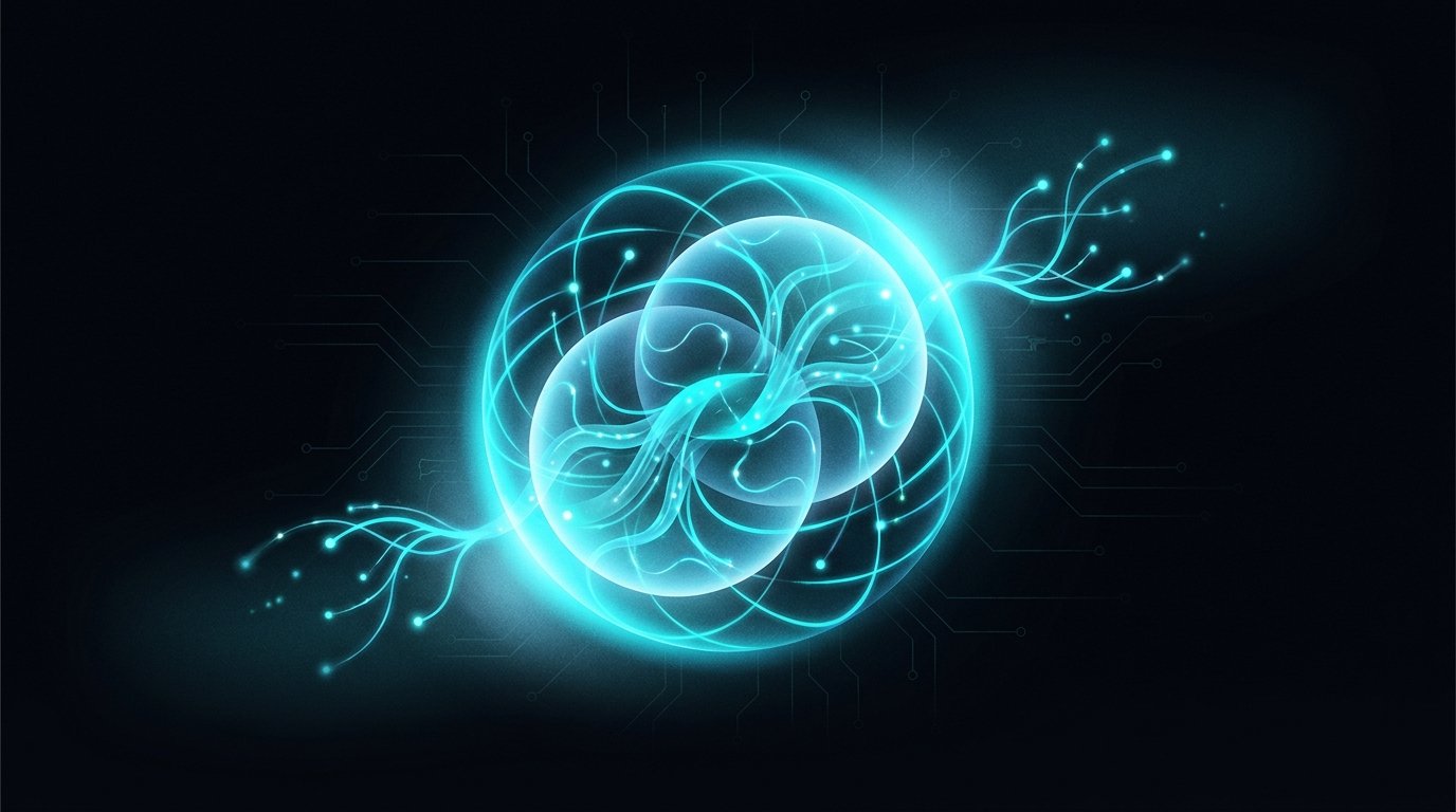 Abstract illustration of two glowing AI model cores linked by threads of light