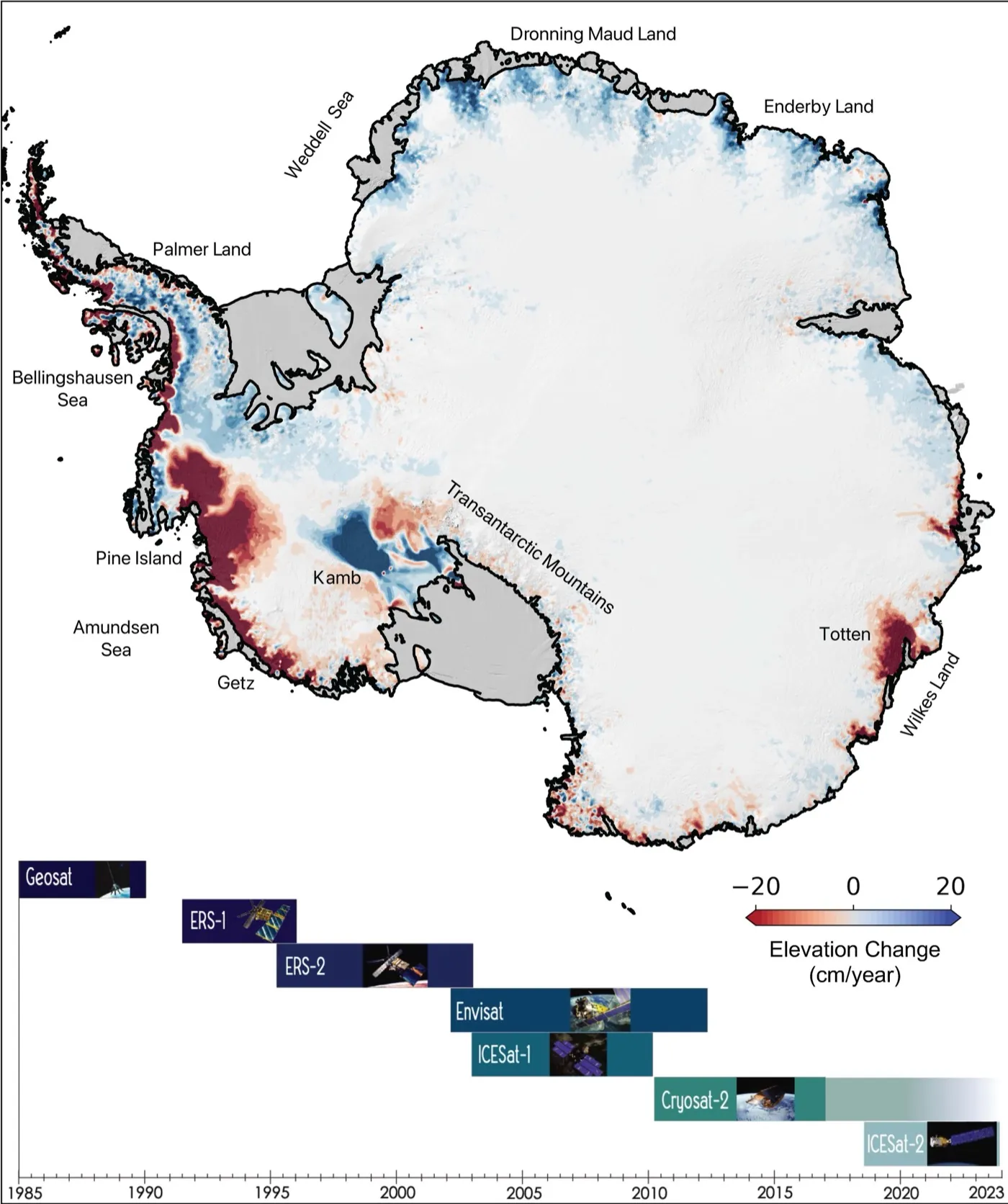 Map of Antarctica coloured by change in ice height, with a dark red area on the left near Pine Island and Thwaites glaciers