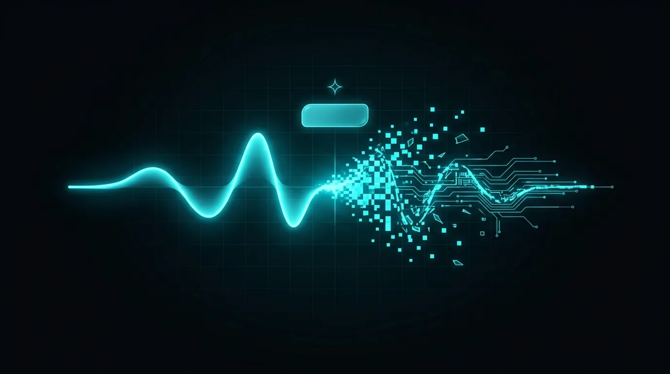A sound wave that starts as a smooth cyan curve and dissolves into glowing digital pixels, with a small blank label tag