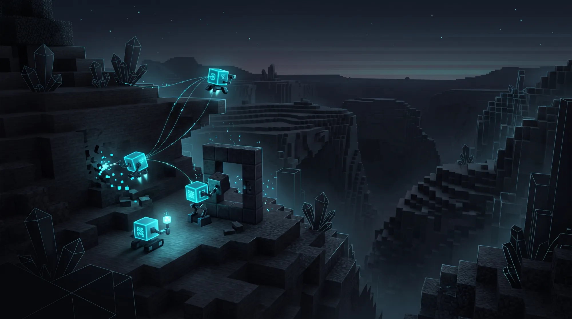 Four small glowing cyan cube robots working together in a dark blocky landscape