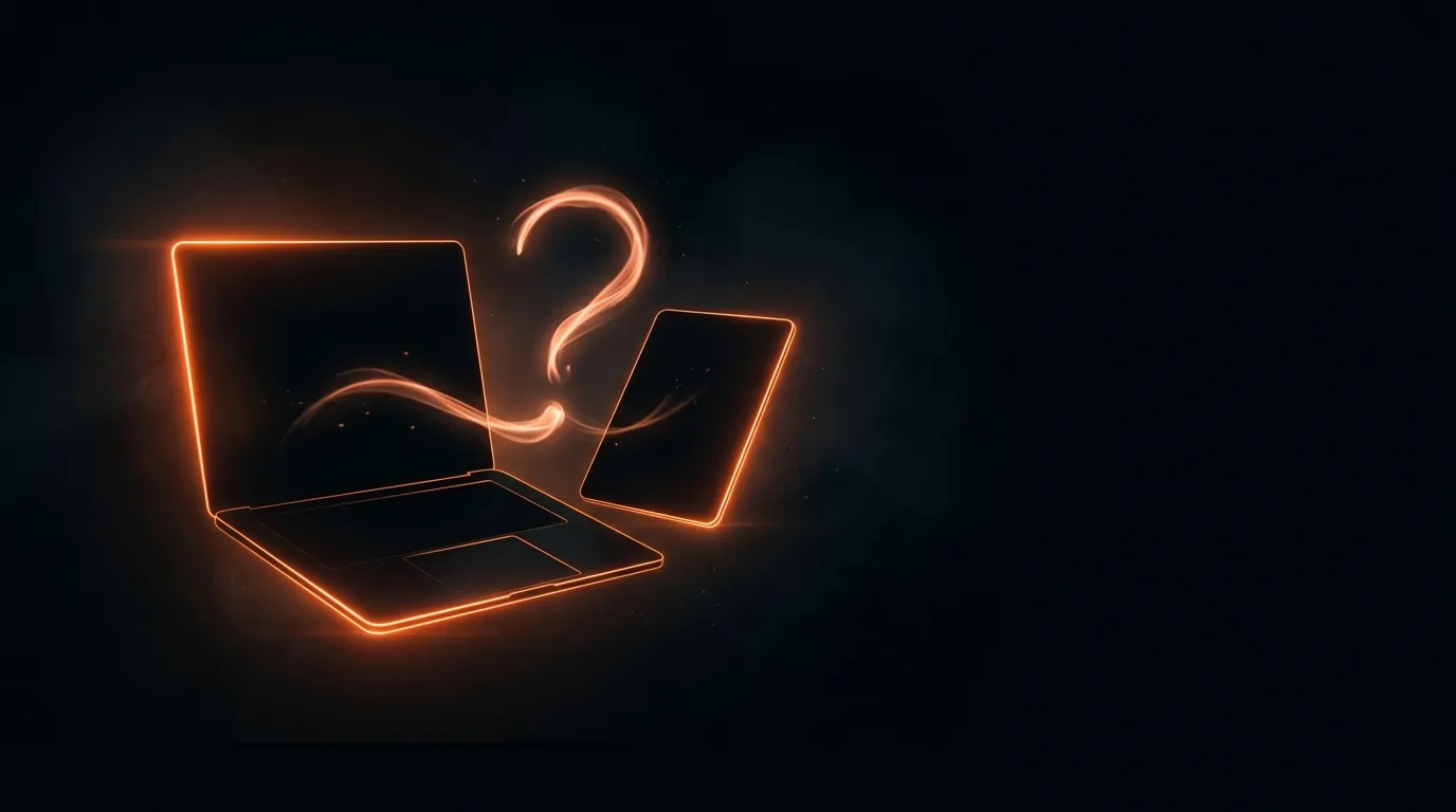Neon orange outlines of a laptop and a tablet with a question mark of light between them