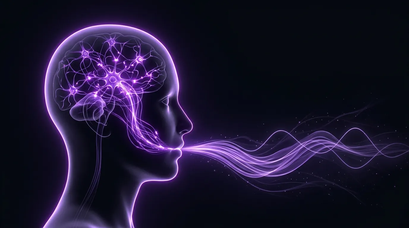 A head in profile outlined in purple light, with glowing neurons and sound waves leaving the mouth
