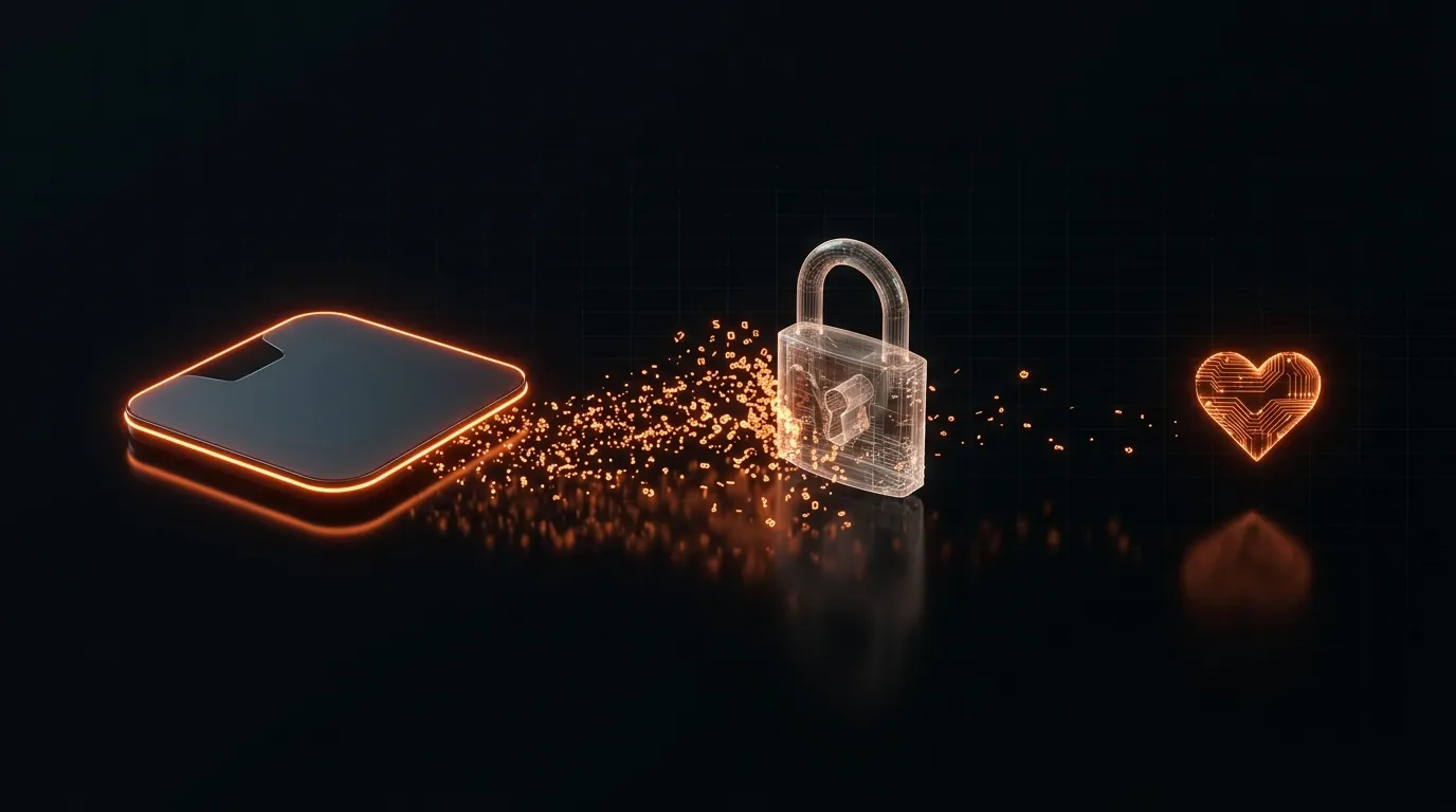 A generic smart bathroom scale with a stream of glowing orange data points held back by a translucent padlock before a heart icon