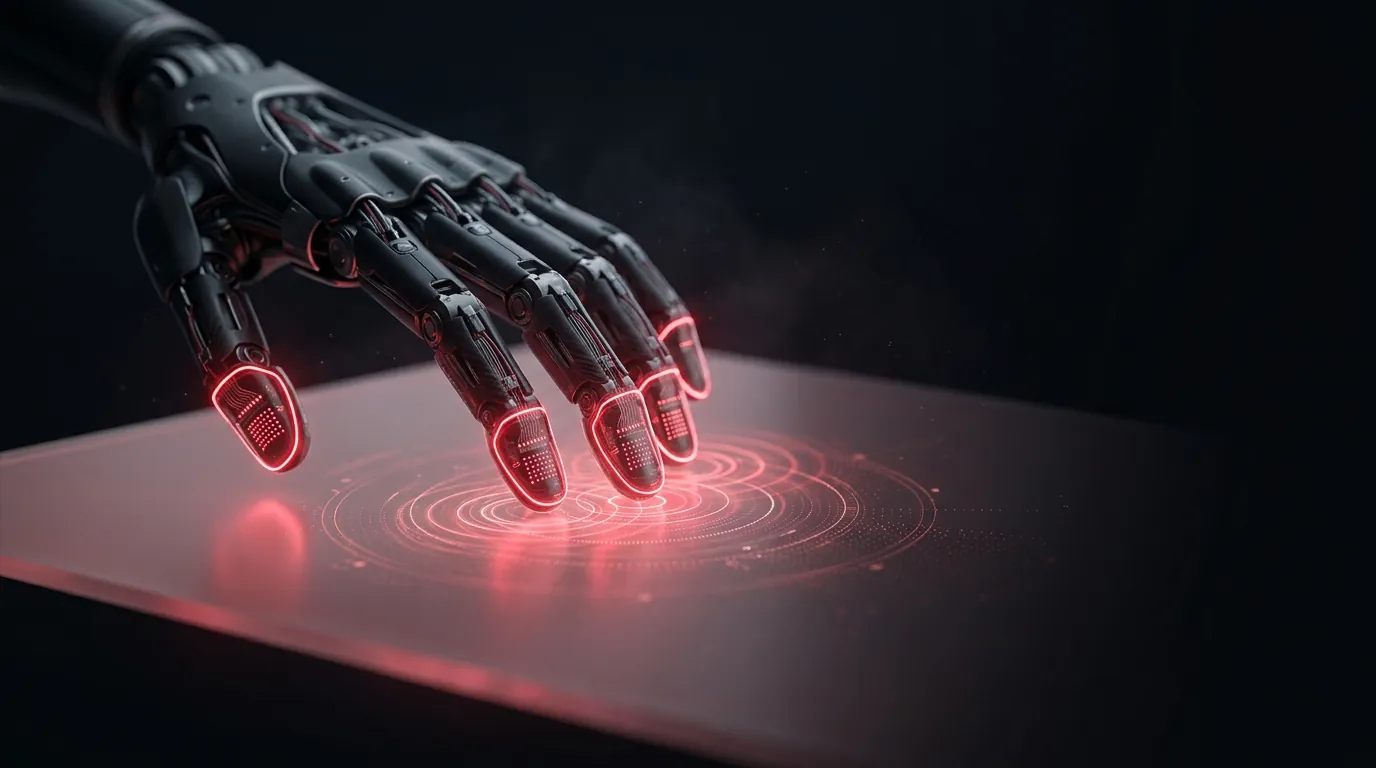 A black robotic hand with red-lit fingertips pressing a glowing surface, with ripples of light around the contact points