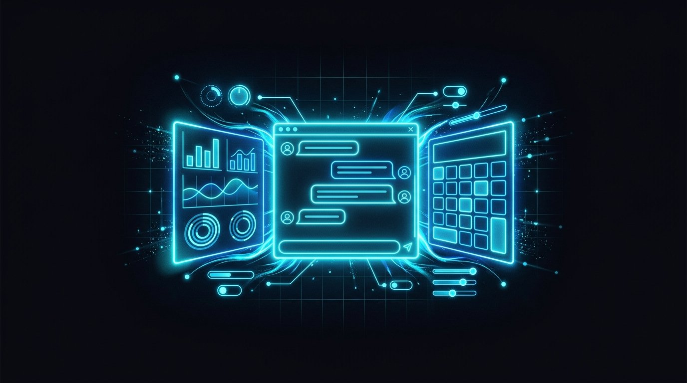 Illustration of a chat window opening into charts, buttons and a calculator