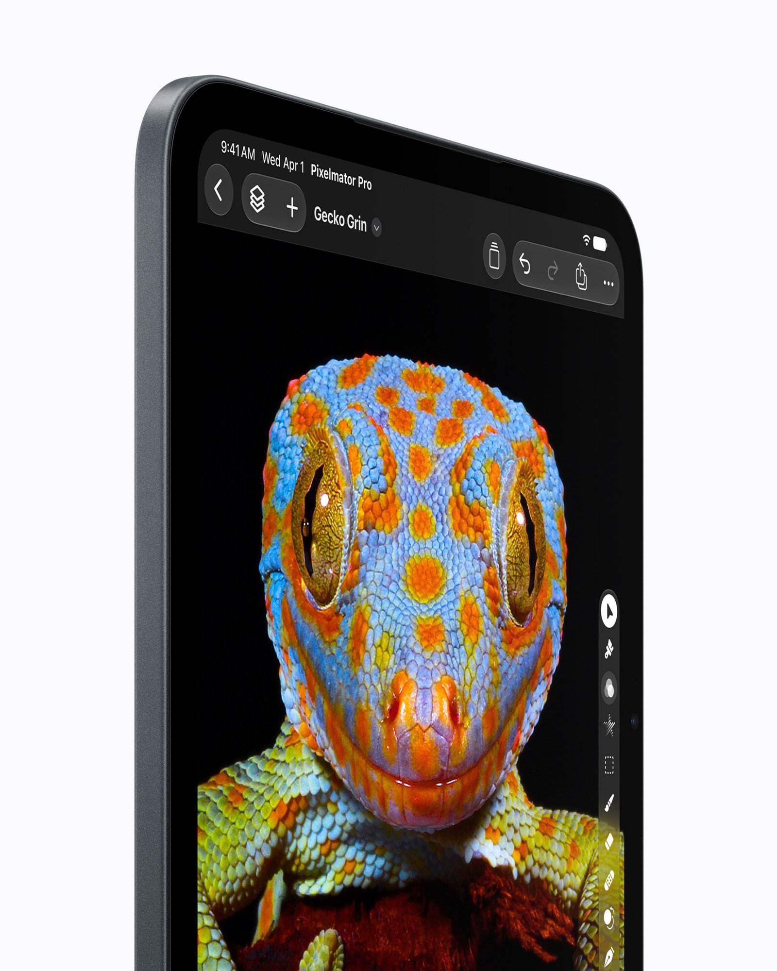 The corner of the new iPad mini, with thin bezels, showing a close-up photograph of a colourful gecko in an image-editing app