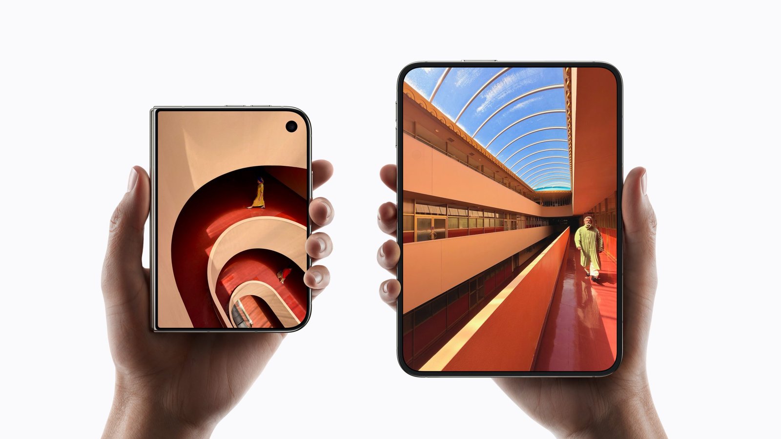 Two hands hold an iPhone Duo folded and another unfolded