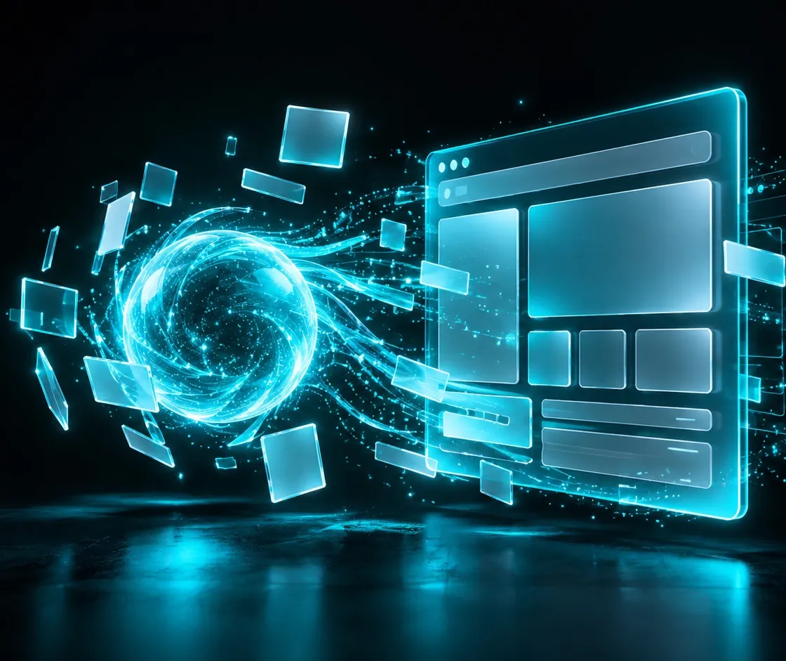 A glowing cyan orb assembling a translucent software window from floating panels, with a fainter mirrored window behind it