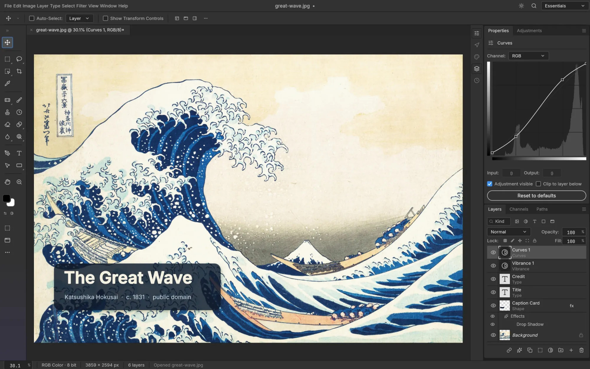 The PhotoCraft photo editor open on Hokusai's The Great Wave, with curves, vibrance and caption layers in its panels