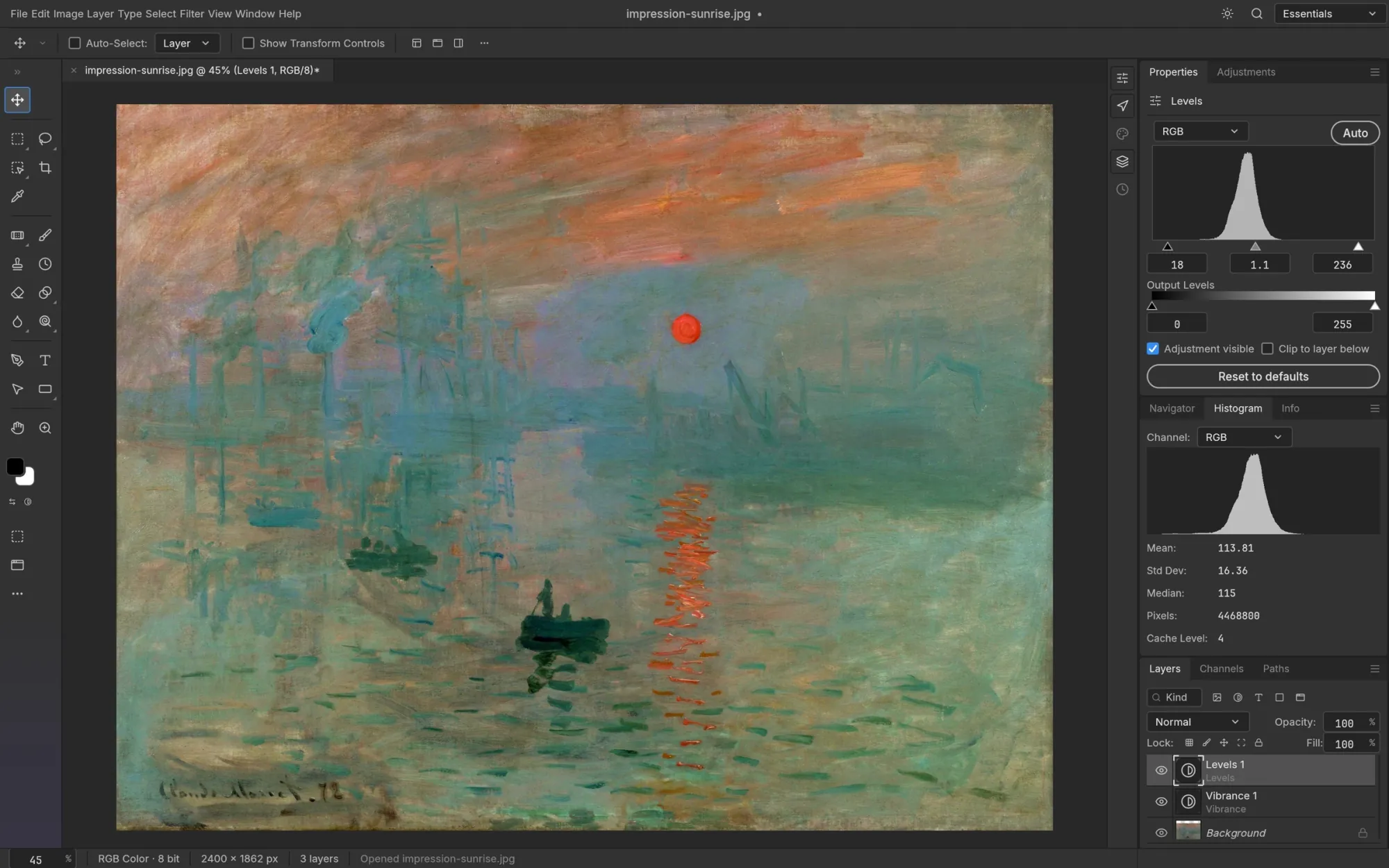 The PhotoCraft photo editor showing Levels and Vibrance layers and a histogram panel over Monet's Impression, Sunrise