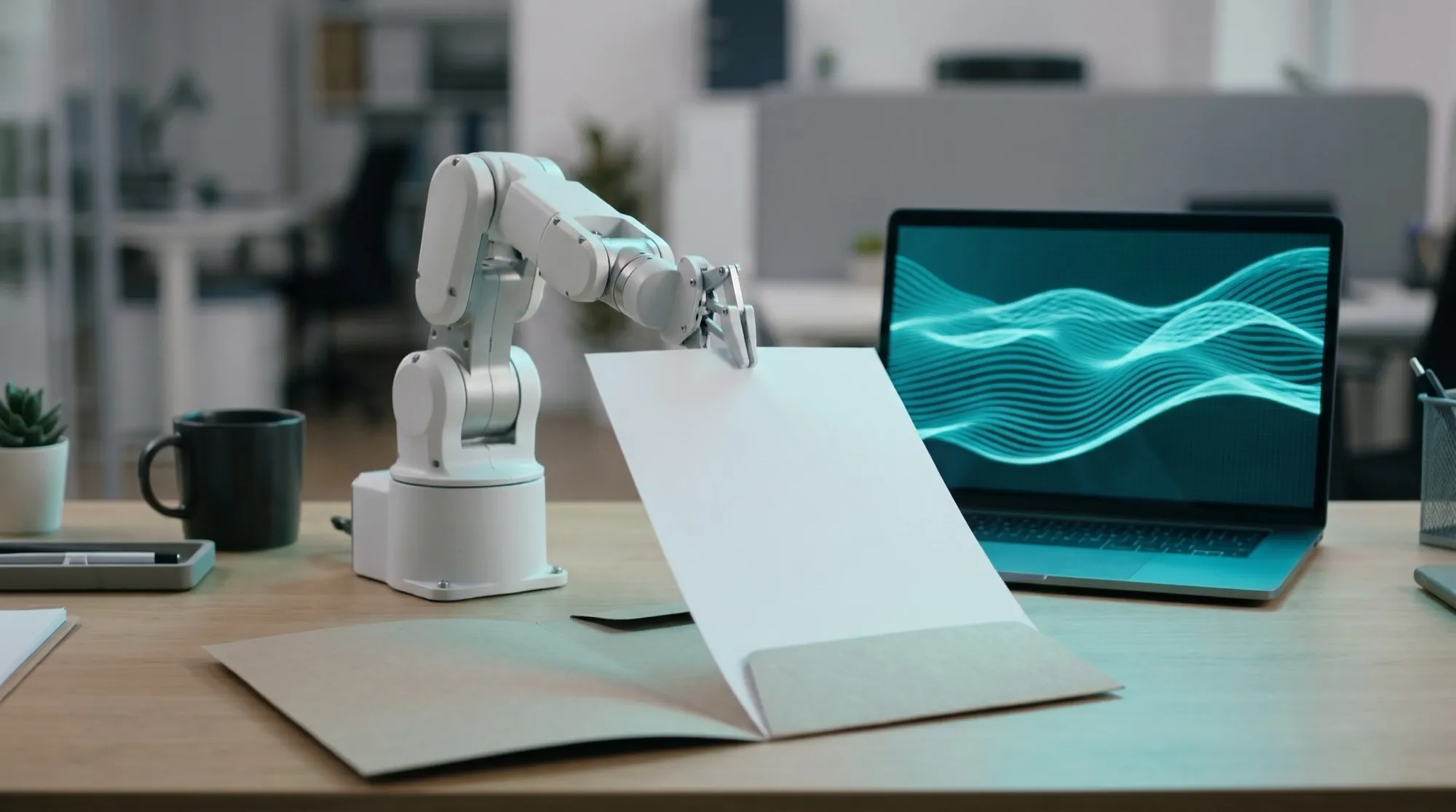 A small robotic arm placing a document into a folder on an office desk, next to a laptop whose screen shows abstract cyan lines