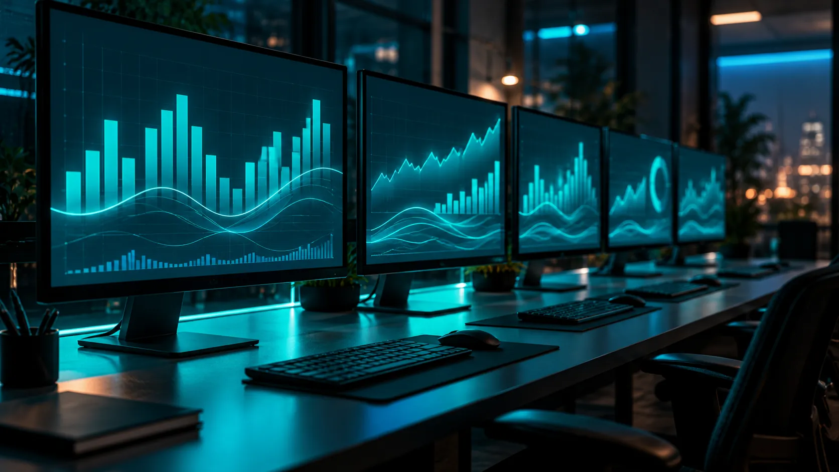 An analysis room with several monitors showing abstract cyan bar charts, with no numbers or text