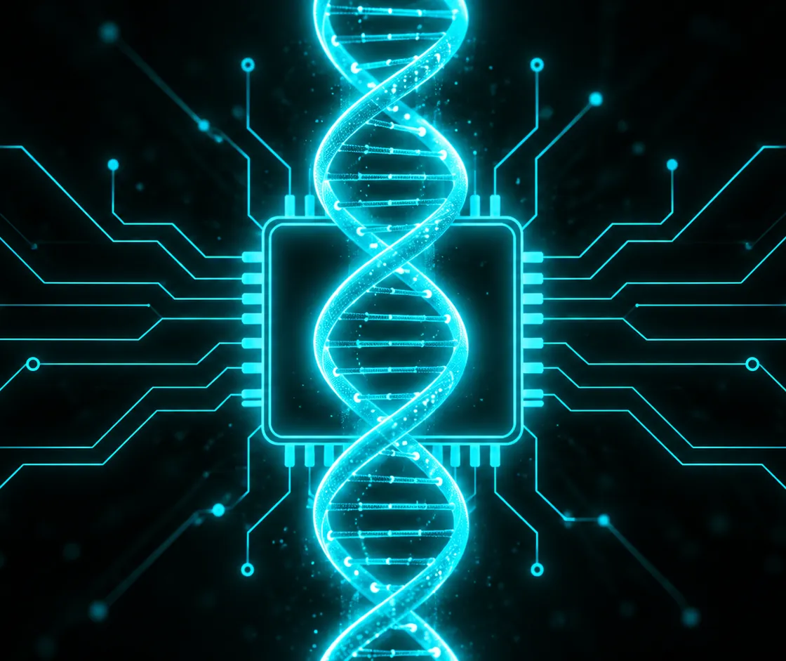 A glowing DNA double helix passing through a computer chip outline, drawn in cyan neon on a dark background