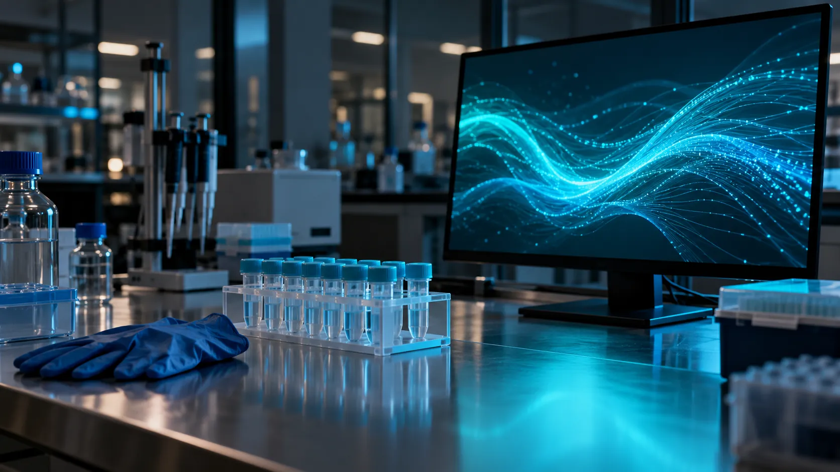 A clean laboratory bench with sealed sample tubes and a monitor showing abstract cyan data lines, in a dim research lab