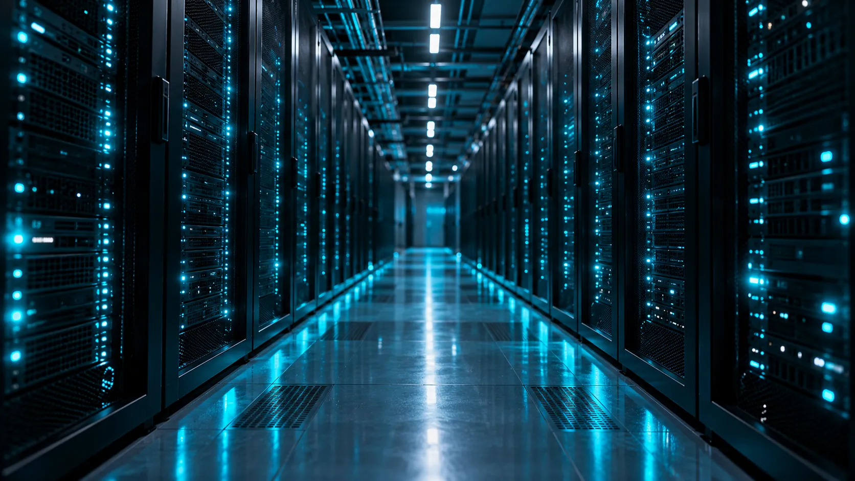 A corridor of server racks lit by cyan indicator lights in a data centre