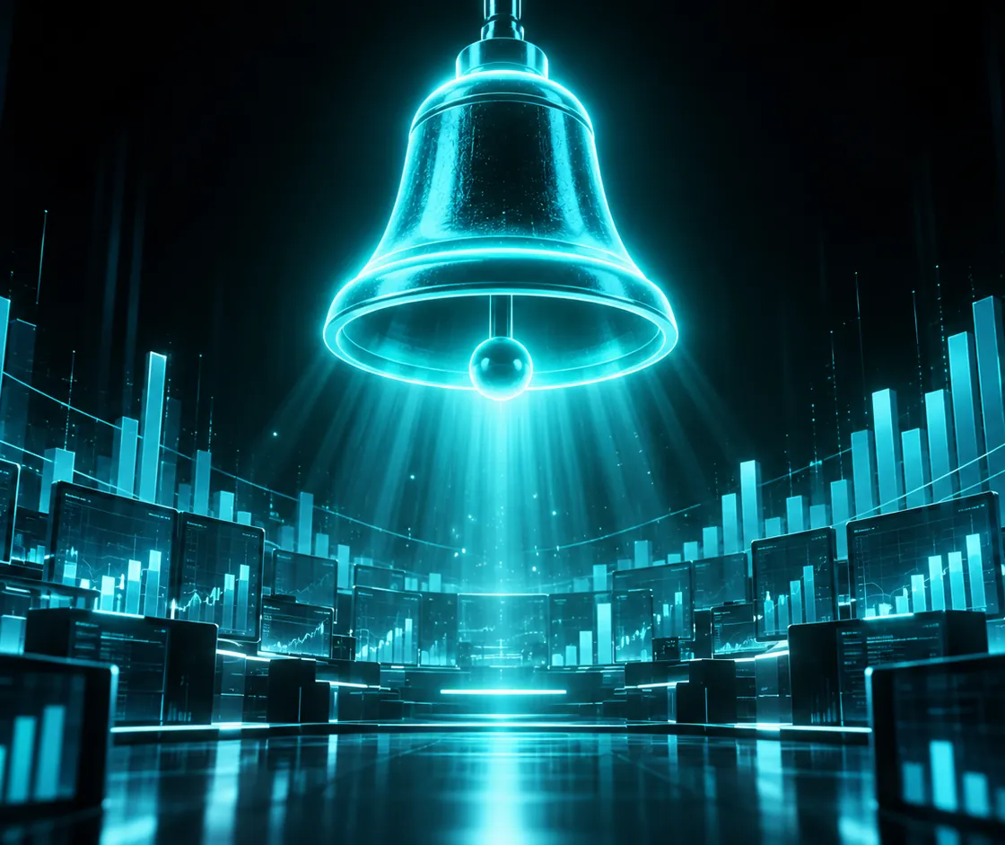 A glowing cyan bell above a stylised trading floor of abstract screens and rising bars, on a dark background