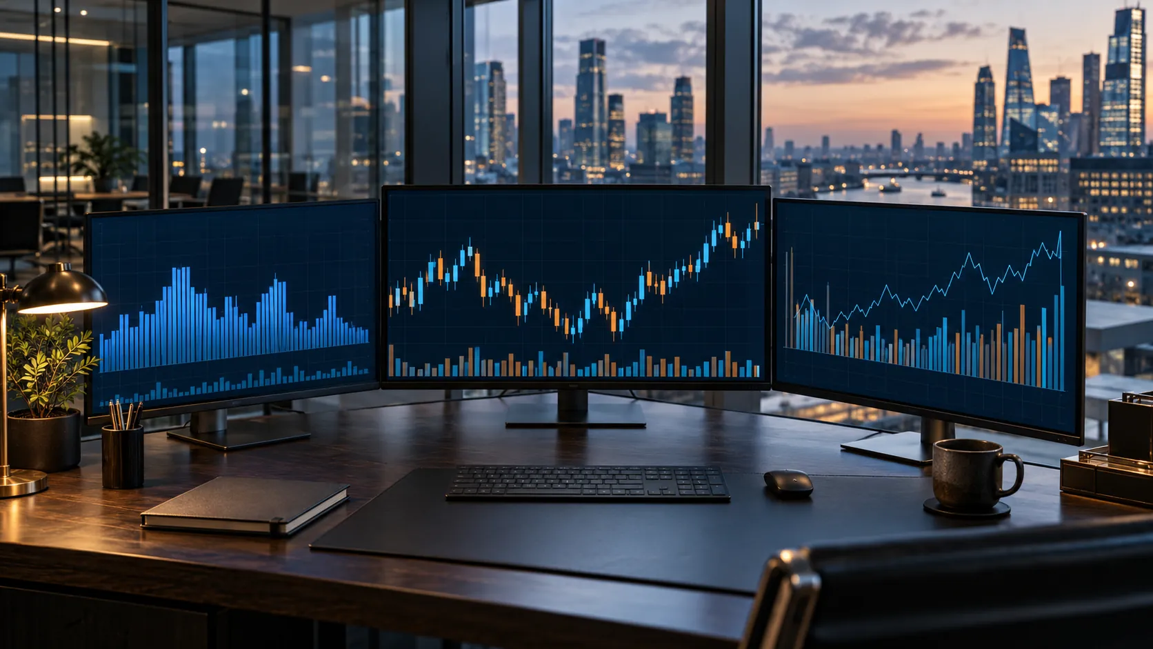A modern financial desk with several blank monitors showing abstract rising and falling bar shapes and no readable figures