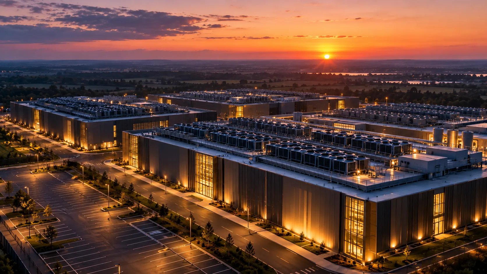 An aerial view of a large data centre campus at dusk, with long low buildings, rows of cooling units and lit windows, no vehicles or people