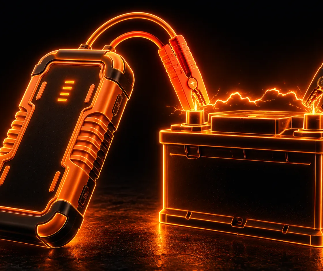 A generic jump starter pack with two clamp leads attached to the terminals of a car battery, drawn in glowing orange neon on a dark background