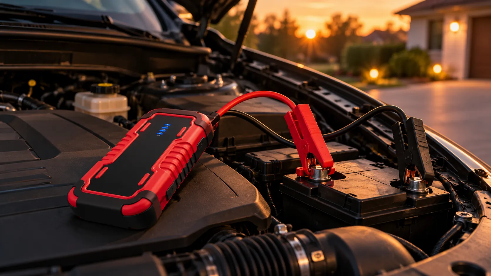 A generic red jump starter pack on a car's engine cover at dusk, with a red clamp on the positive battery terminal and a black clamp on the negative terminal