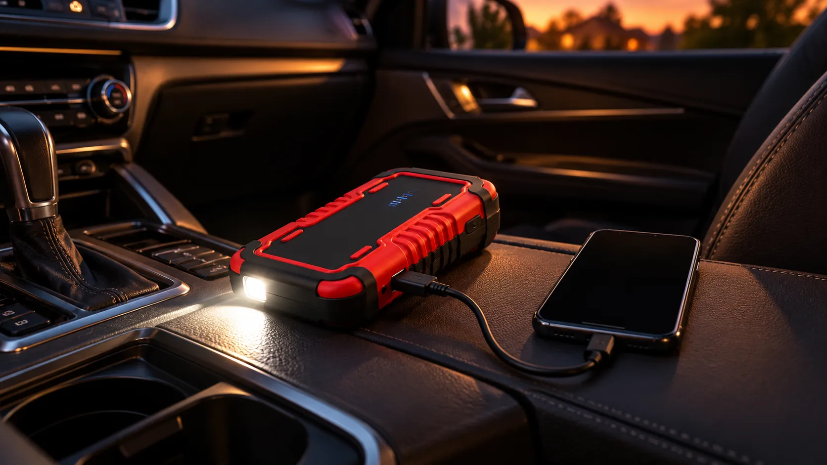 A generic red jump starter pack in a car's centre console at dusk, with its torch lit and a USB cable connected to a smartphone