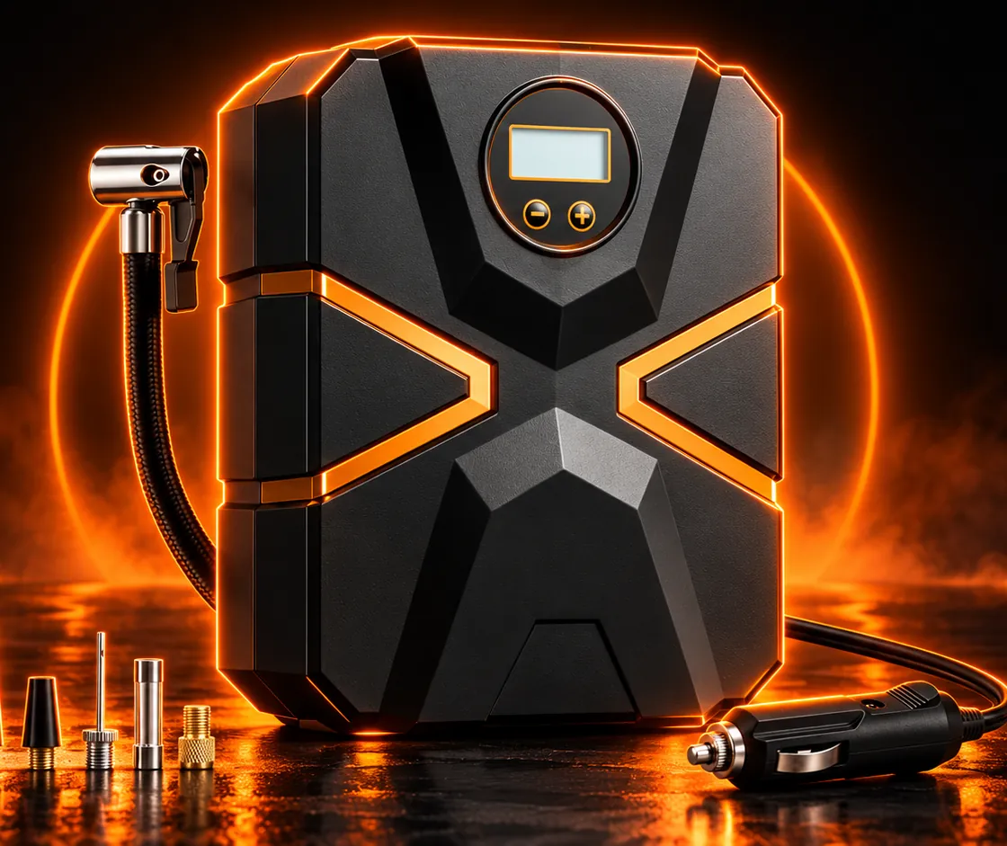 A black compact tyre inflator with orange accent stripes, a round digital display and a hose with a metal valve connector, glowing in orange neon, with nozzles and a 12V plug beside it, on a dark reflective floor