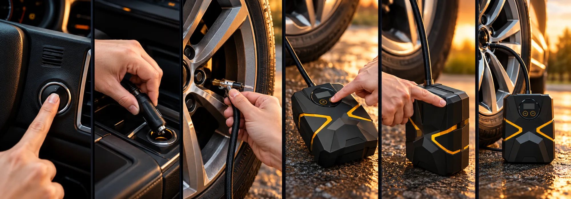 Six panels showing the steps of using a tyre inflator: pressing the engine button, plugging into the car's 12V socket, connecting the hose to a tyre valve, setting the pressure, pressing start and the unit standing by the tyre