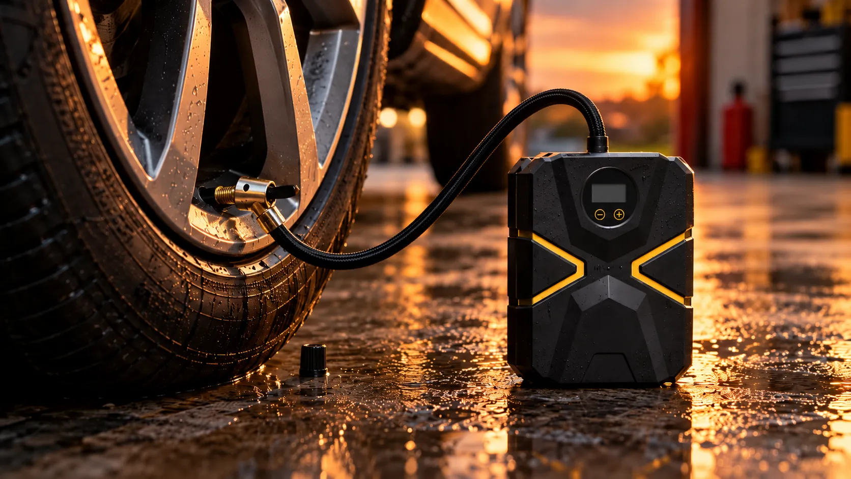 A compact black tyre inflator with yellow accents standing on a wet garage floor at sunset, its hose connected to a car tyre valve, with a dust cap on the ground