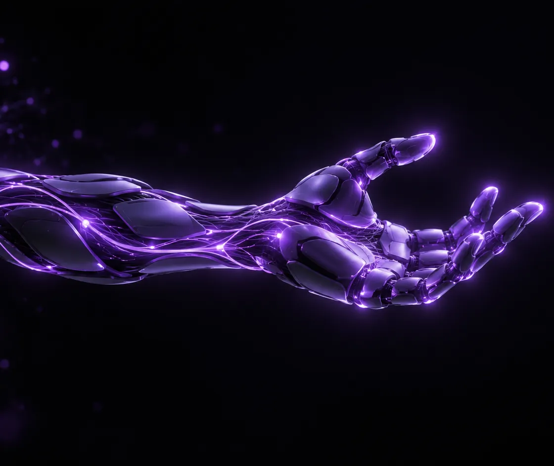 A glowing purple bionic forearm and hand, with thin light lines running from the hand toward a stylised nerve, on a dark background