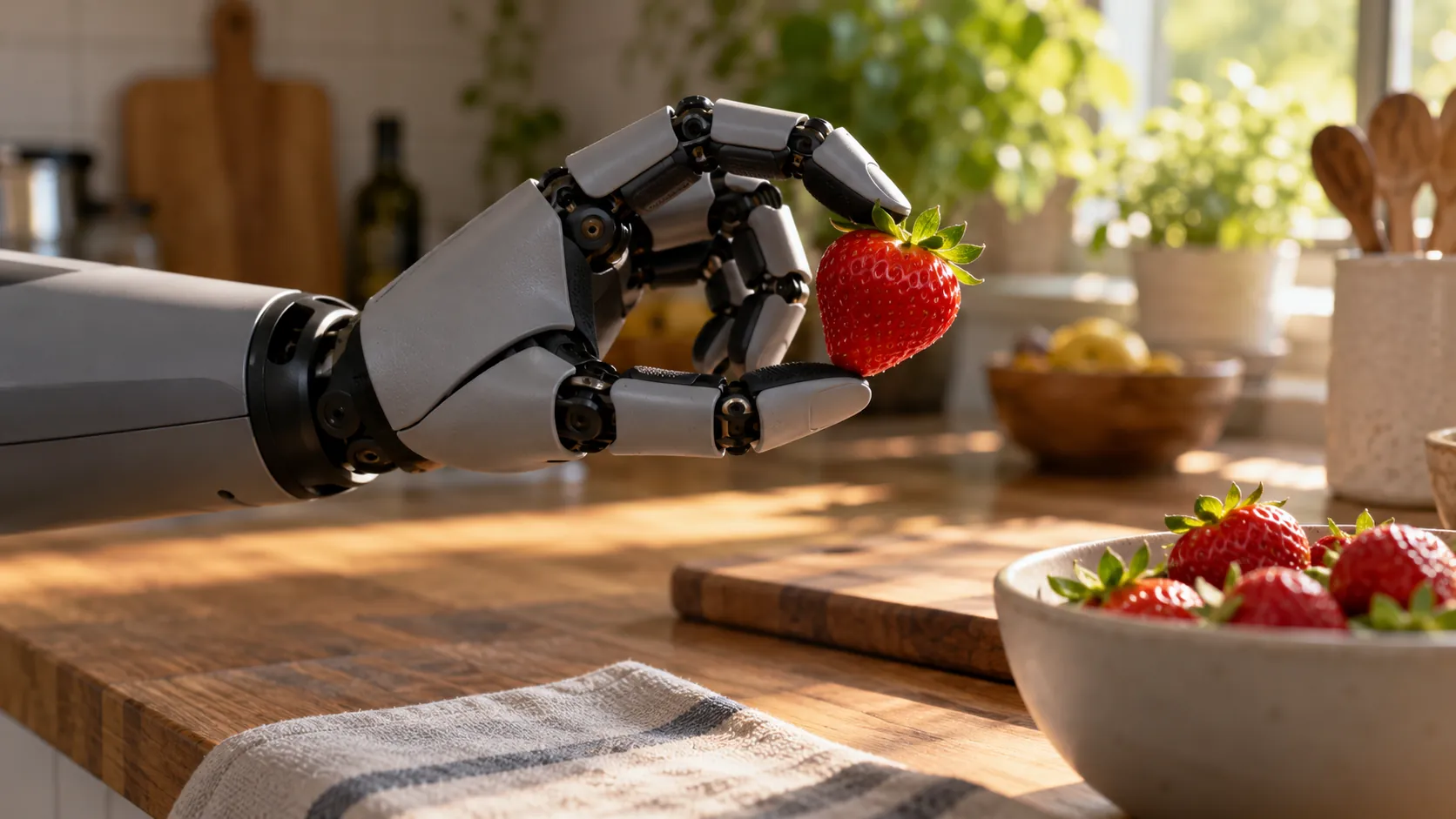 A generic bionic hand gently holding a ripe strawberry on a kitchen counter