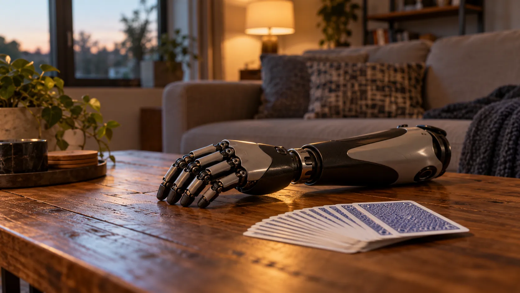 A modern living room with a bionic prosthetic arm resting on a coffee table beside a deck of playing cards