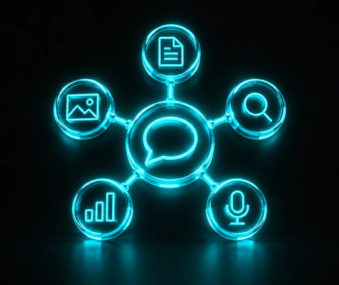 A large speech bubble in cyan neon with five small fine-line icons around it (a document, a picture, a magnifying glass, a bar chart and a microphone) joined by thin lines, on a dark background