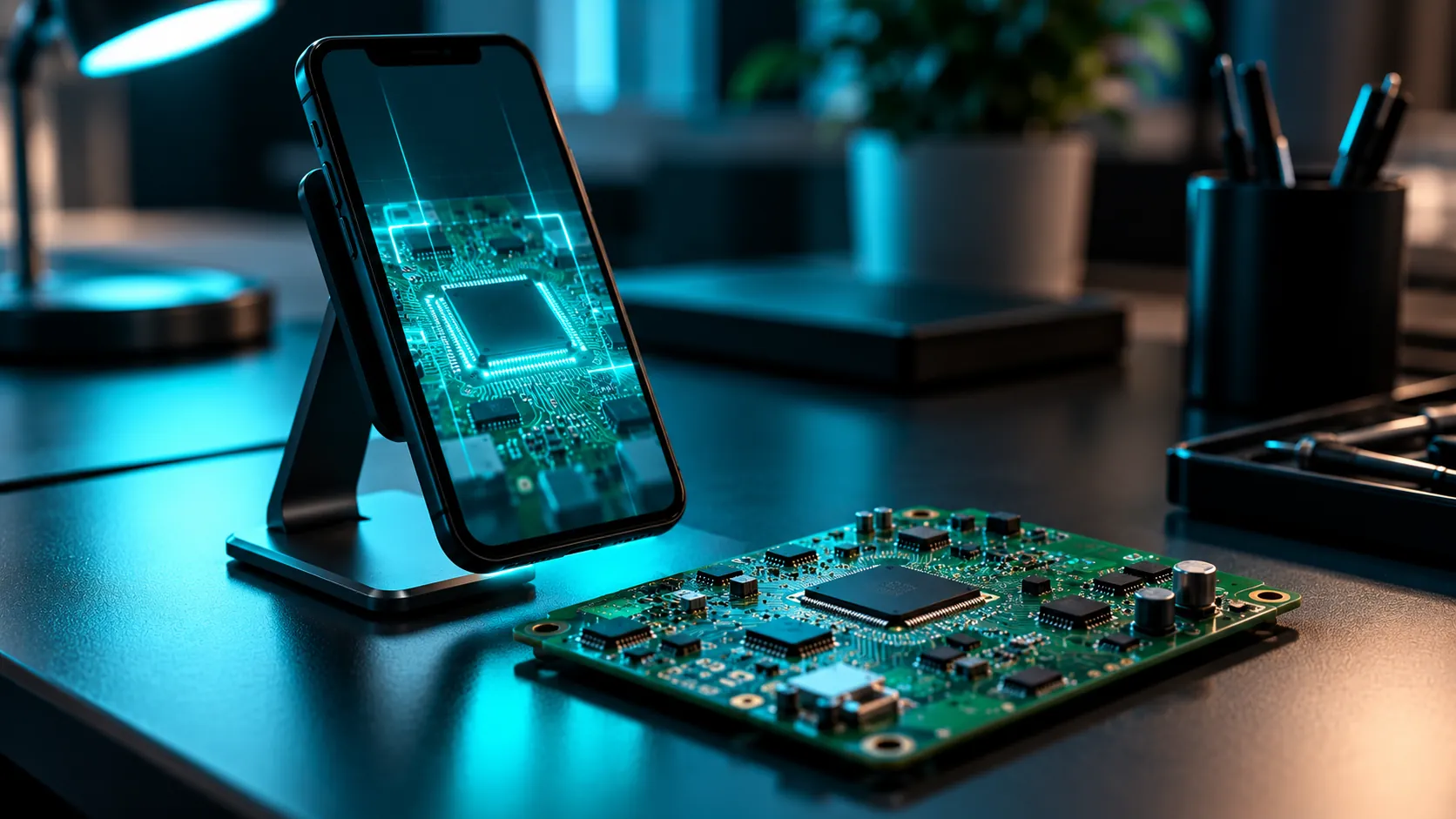 A phone on a stand photographing a circuit board on a desk, with the phone screen showing abstract cyan light