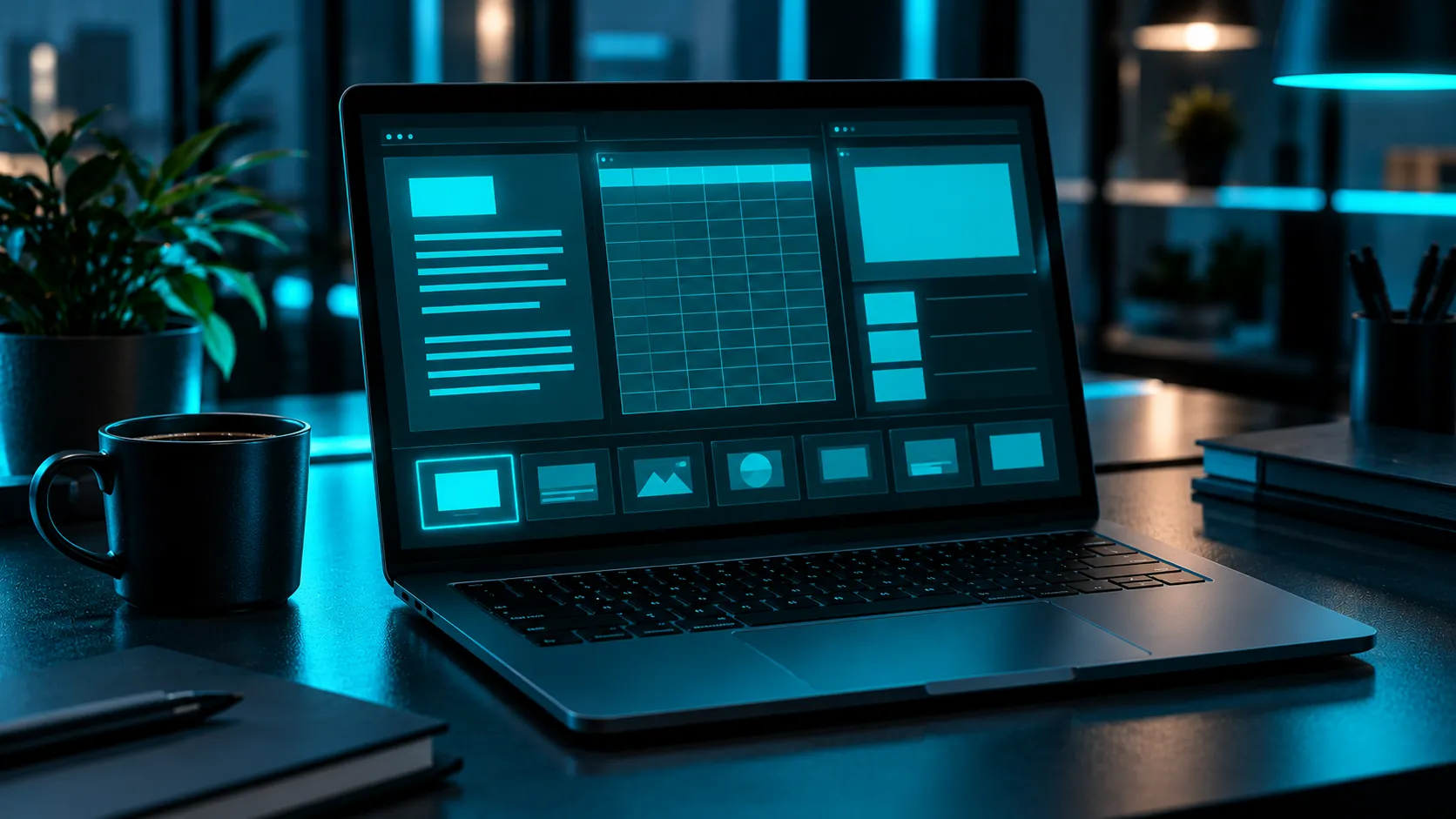 A laptop whose screen shows abstract cyan blocks resembling a document, a spreadsheet and slides, beside a mug, on a work desk