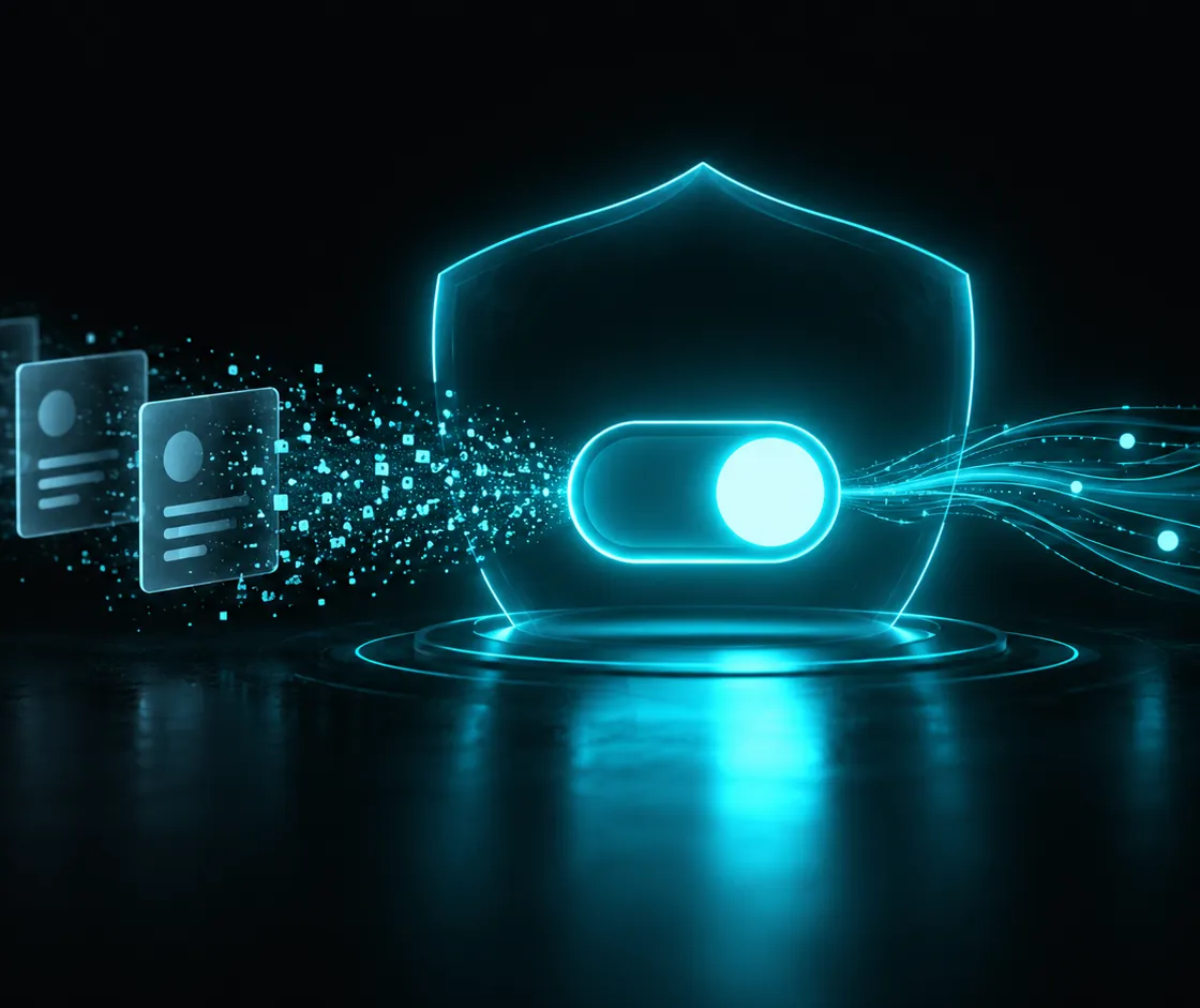 A glowing toggle switch flipped to automatic above a row of small approval prompts fading away, in cyan neon on a dark background