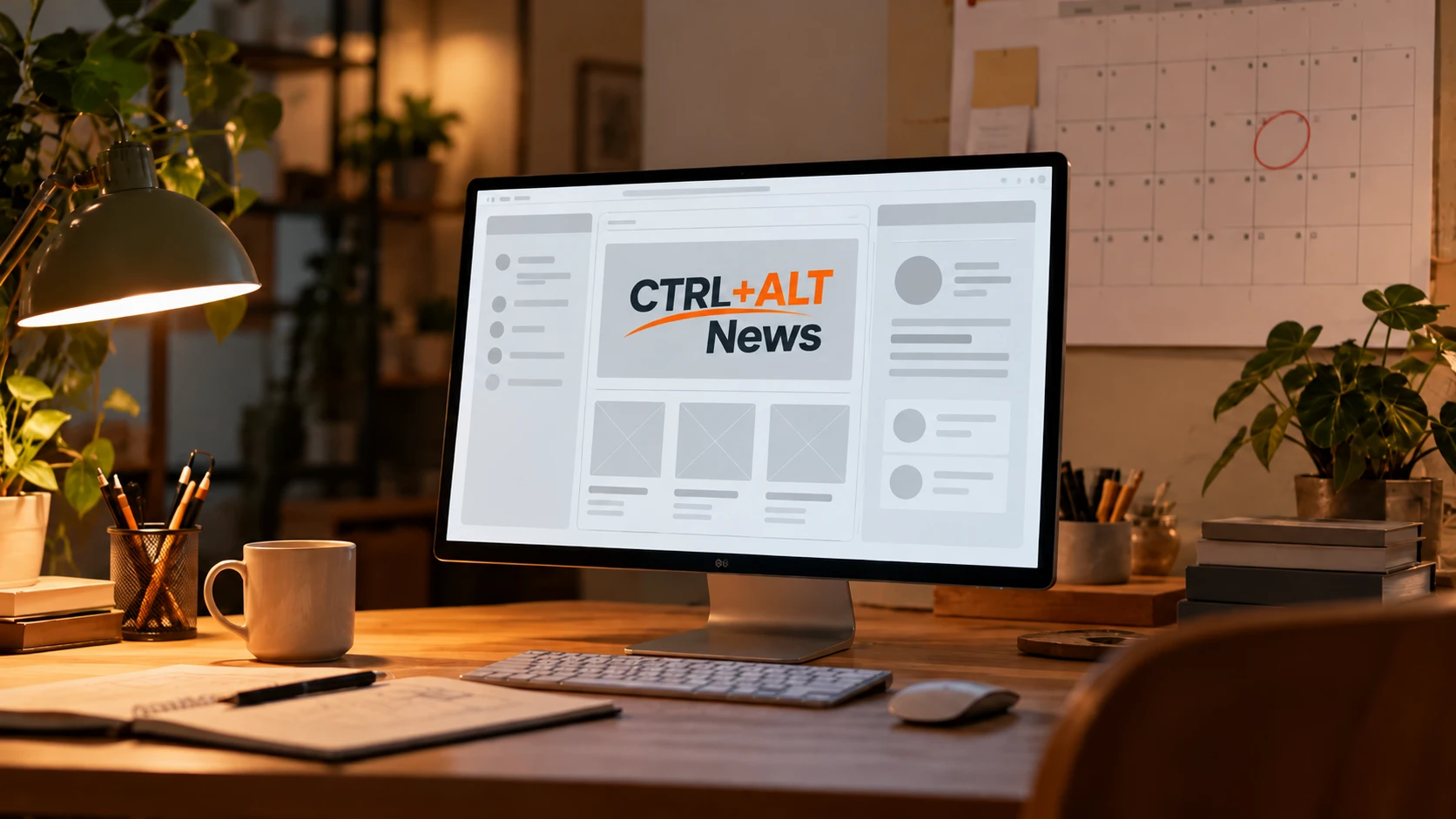 A designer's desk with a monitor showing a website wireframe topped by the CTRL+ALT News wordmark, and a wall calendar with one square circled in red