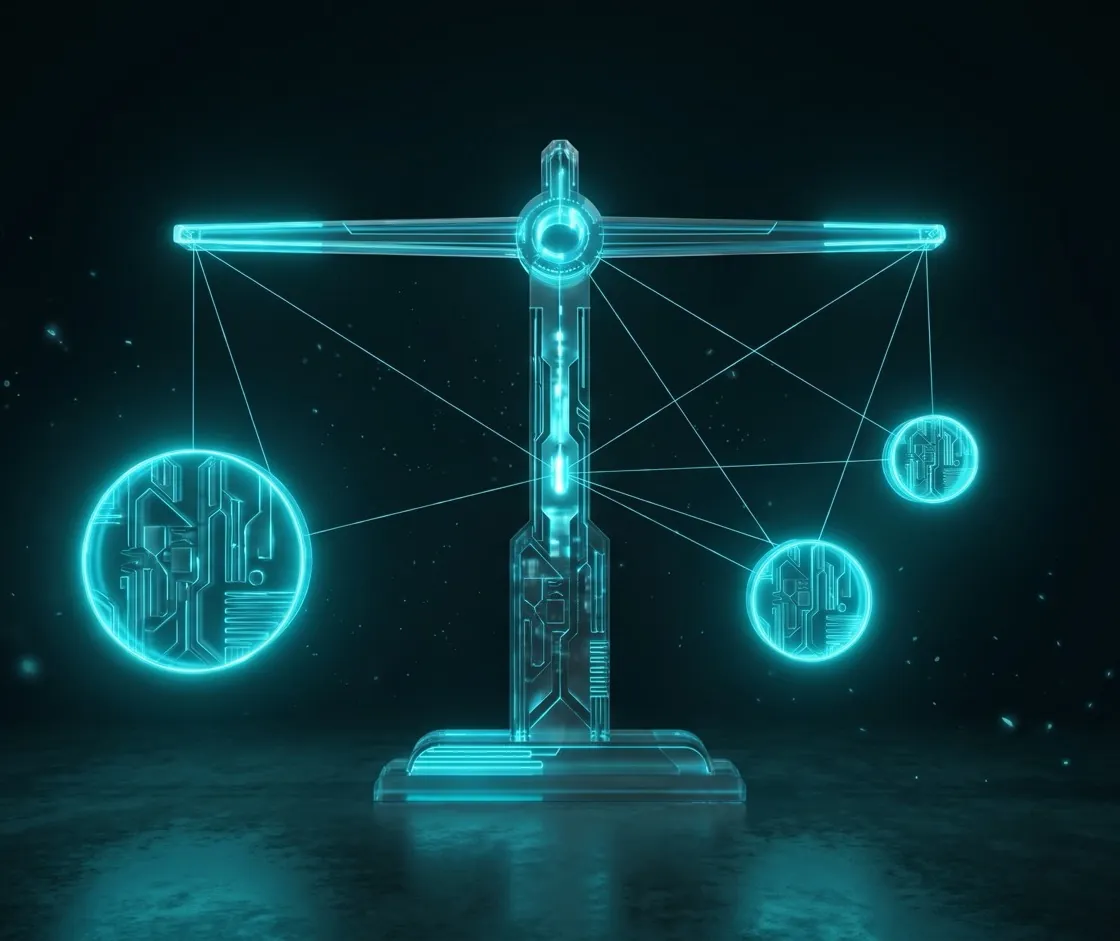 A balance scale in cyan neon with three glowing spheres of different sizes joined by fine lines to a central point, on a dark background