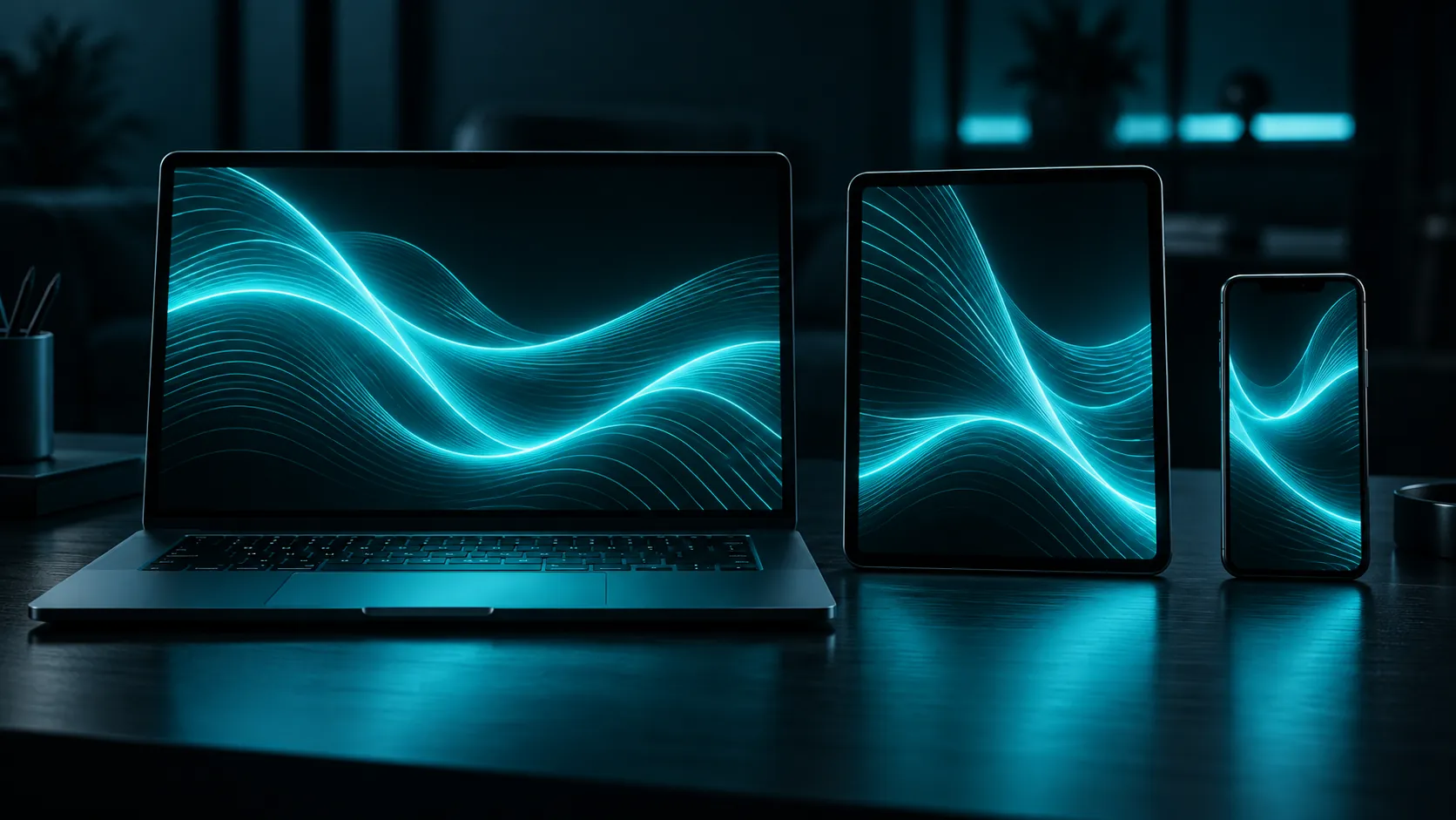 A laptop, a tablet and a phone side by side on a desk, all with screens showing abstract cyan lines and no text