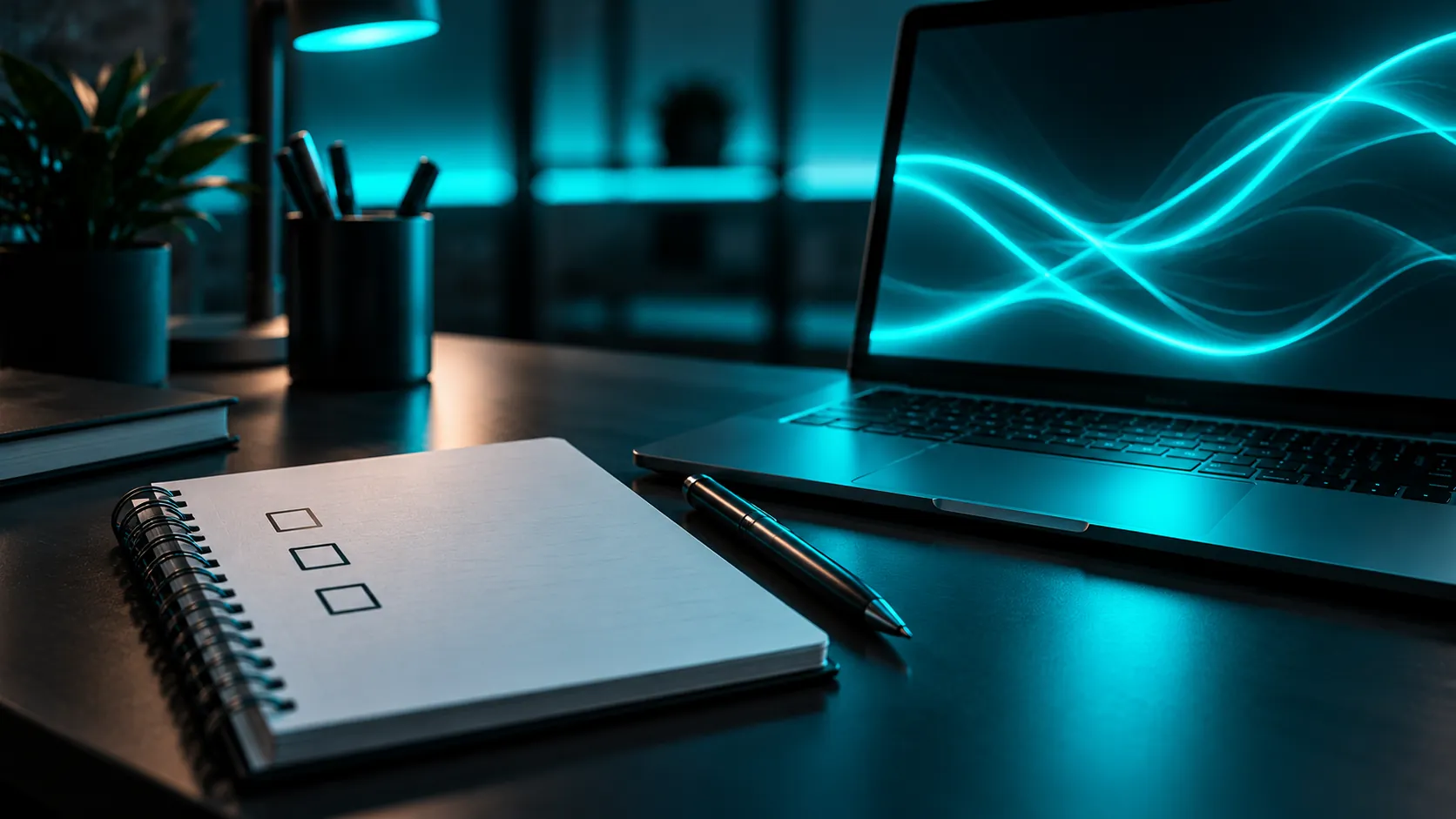An open notebook with three empty tick boxes beside a laptop whose screen glows with abstract cyan light, on a work desk