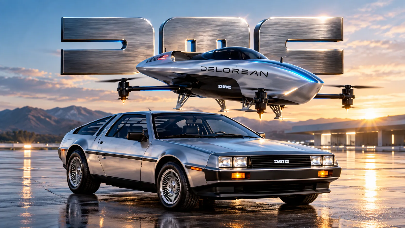 An AI-generated image of a silver DeLorean DMC-12 parked on a runway at sunset, with a four-rotor electric racing aircraft hovering above it and large DMC letters in the sky