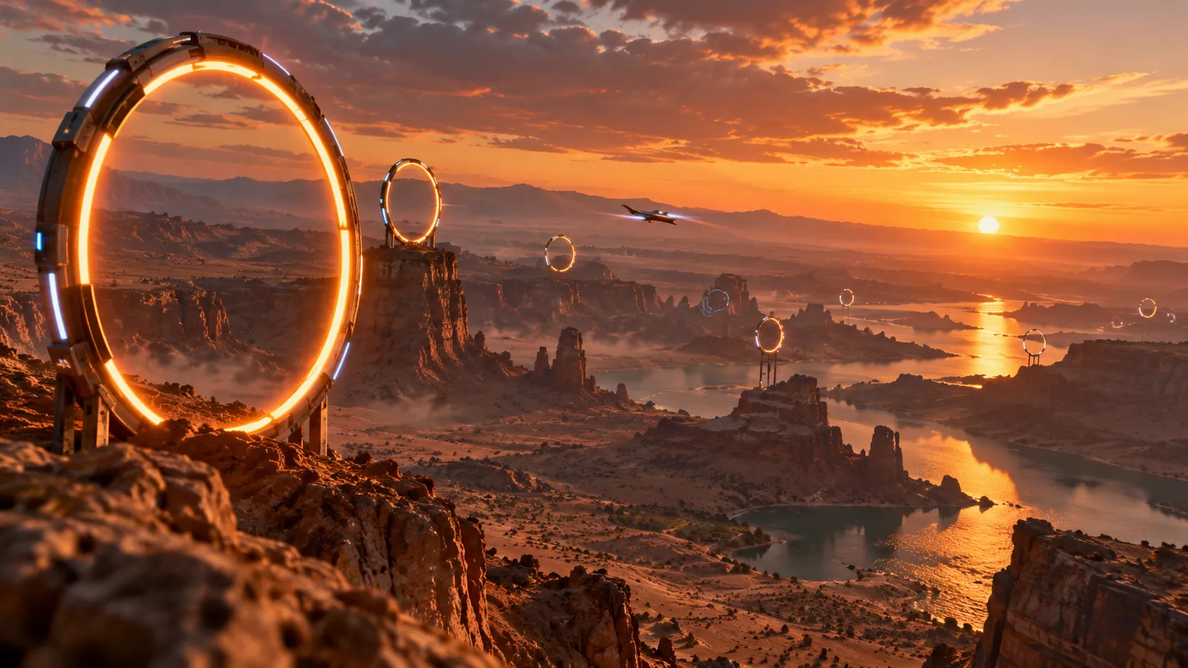 A line of glowing virtual gates marking a three-dimensional race course above a desert landscape at sunset