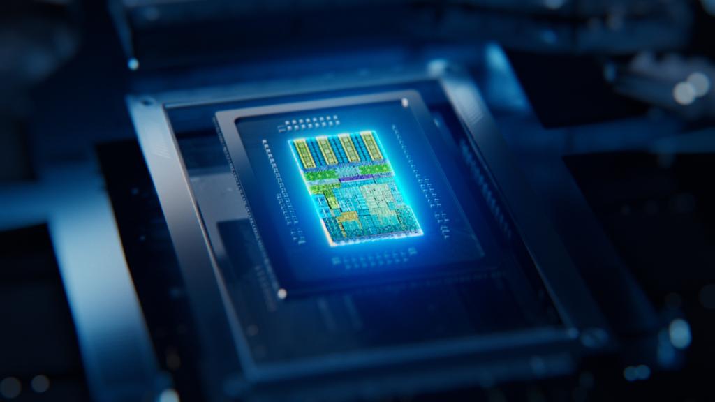 Close-up render of a glowing chip package