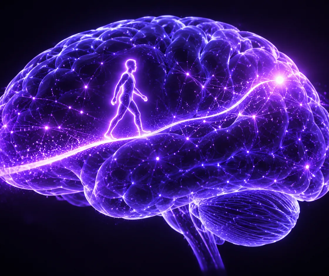 A glowing purple outline of a walking figure inside a translucent brain shape, on a dark background