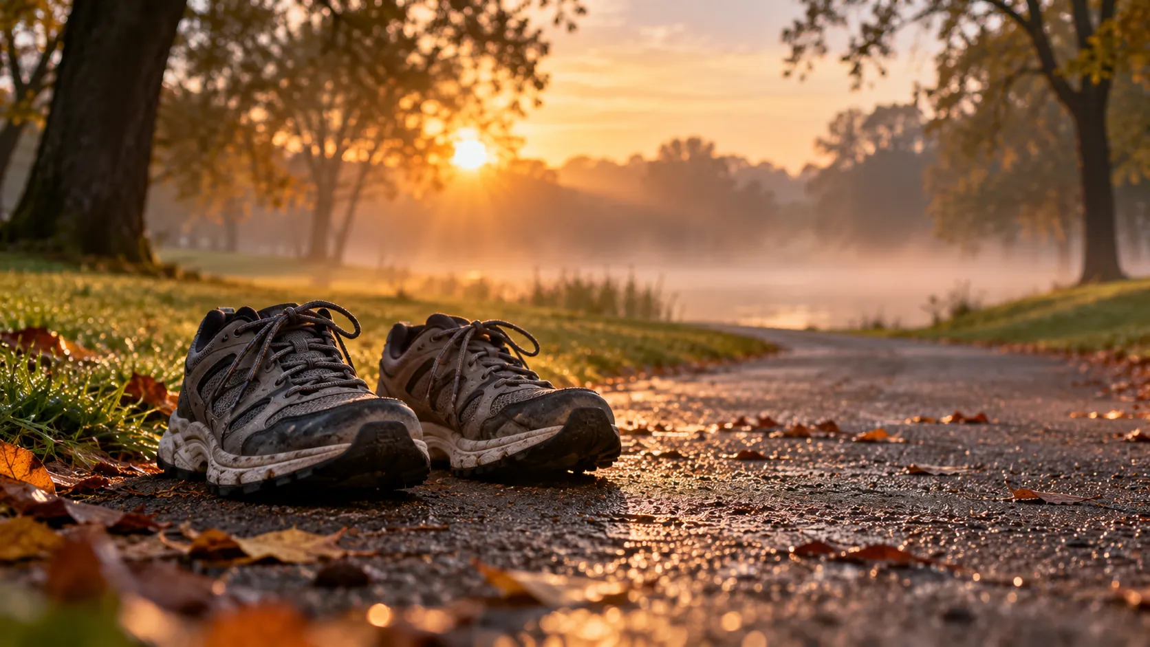 A pair of worn walking shoes on a quiet park path at dawn, with soft mist between the trees