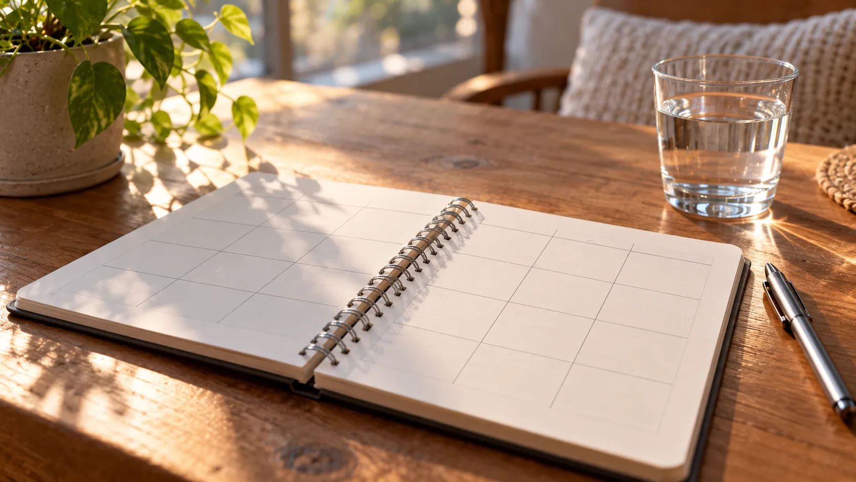 A notebook with an empty weekly activity grid, a pen and a glass of water on a wooden table in morning light