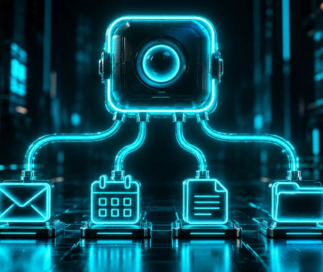 A rounded square in cyan neon with a circle in the centre, joined by fine lines to four small line icons (an envelope, a calendar, a document and a folder) in a row below, on a dark background