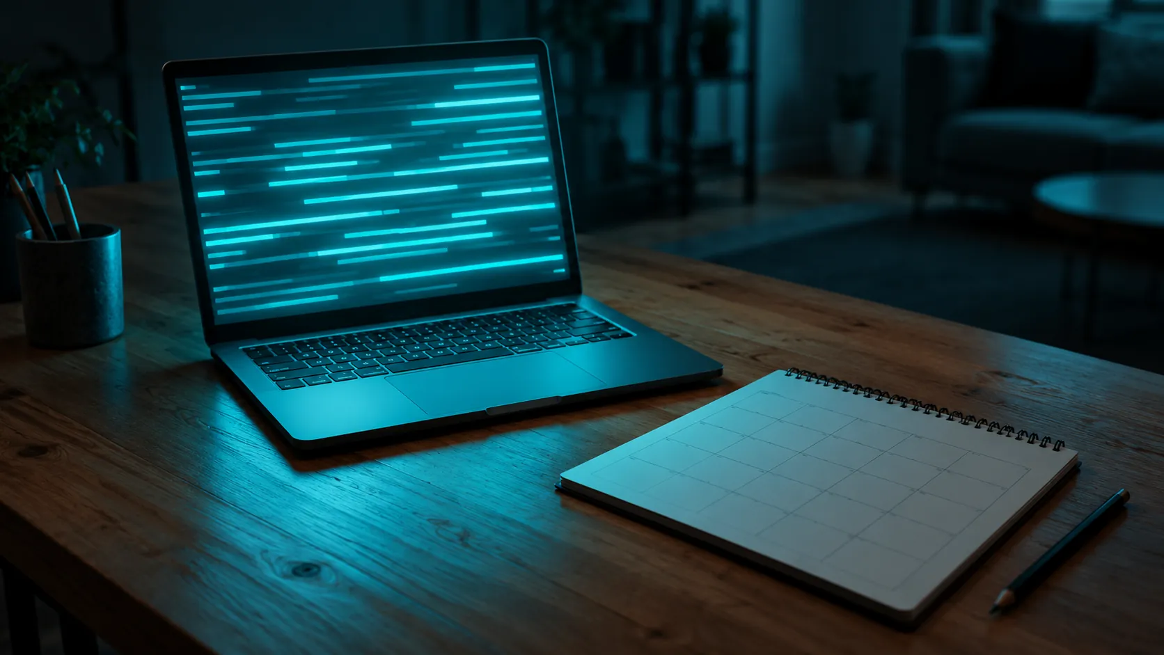 A wooden desk seen from above with a laptop whose screen shows abstract cyan lines, beside a blank paper planner and a pencil