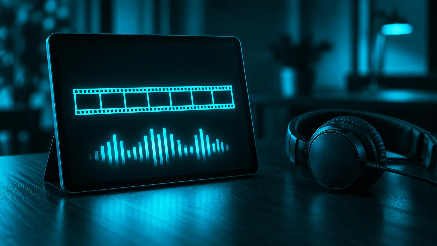 A tablet on a dark desk showing empty cyan frames like a film strip and sound bars, beside a pair of headphones