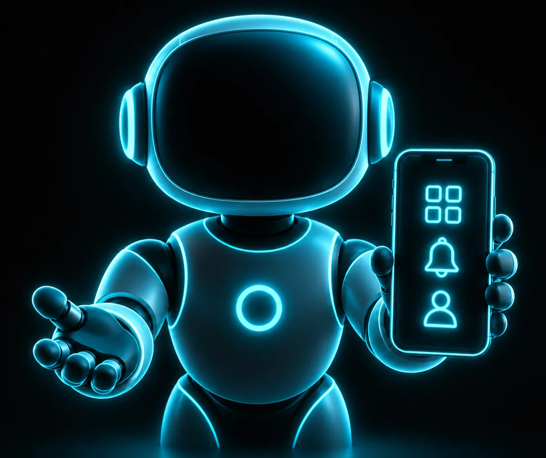 A small robot assistant holding a phone that shows calendar, reminder and contact icons, in cyan neon on a dark background